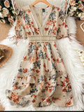 Dress Beige Floral Midi Dress With Orange & Blue Blooms Color: Cream