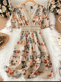 Dress Beige Floral Midi Dress With Orange & Blue Blooms Color: Cream