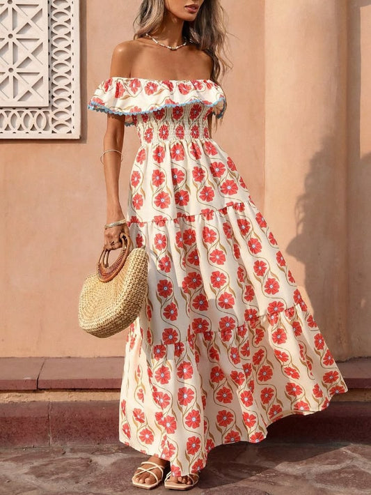 Multicolor Boho Women's Square Neck Flutter Sleeve Dress Color: Red