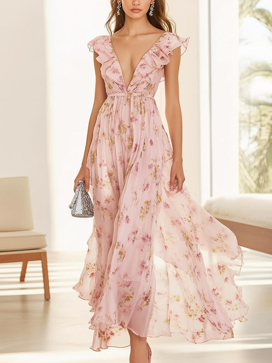 Chic Light Pink Floral Chiffon Dress Pink 2Xl