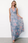 Kamila Tulle Maxi Dress Light Blue & Pink Floral