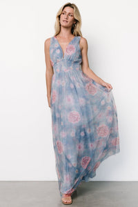 Kamila Tulle Maxi Dress Light Blue & Pink Floral