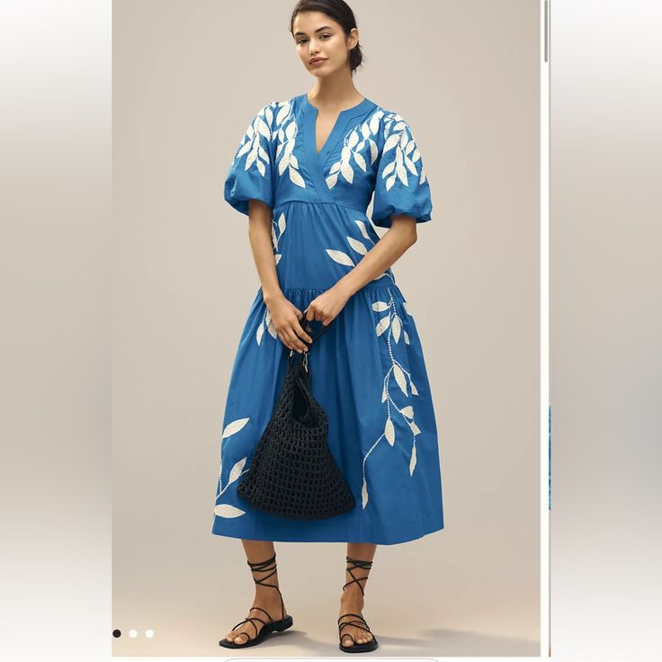 Dress Embroidered Short Sleeve Embroidey Applique Dress Blue White