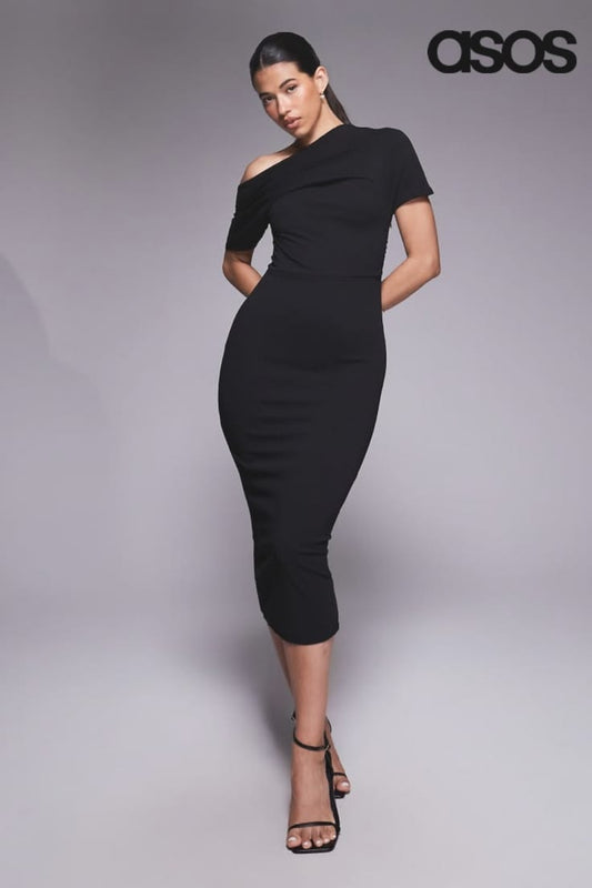 Design Pleated Shoulder Midi Pencil Dress In Black