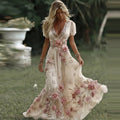 Women's Vintage Pink Rose Embroidered Art Pattern V Neck Short Sleeve