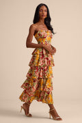 Nahya Yellow Multi Floral Strapless Tiered Midi Dress