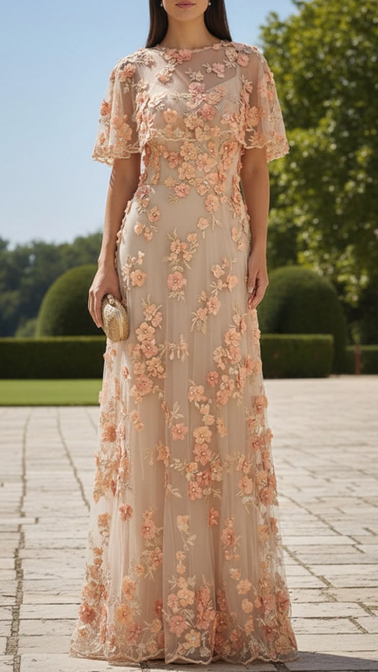 Embroidered A Line Gown With 3D Floral Capelet