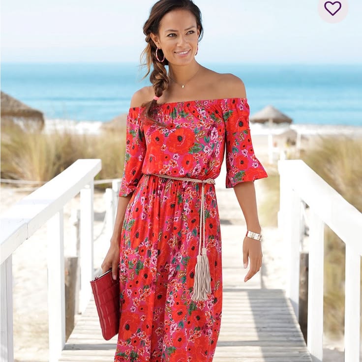 Lascana Dress Floral Off Shoulder Maxi Dress Red Color: Pink Red Size: