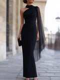 Black One Shoulder Sheer Cape Sleeve Mermaid Maxi Evening Dress Black