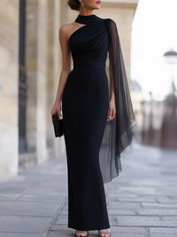 Black One Shoulder Sheer Cape Sleeve Mermaid Maxi Evening Dress Black