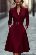 Solid Color V Neck Fitted Waist Long Sleeve Elegant Midi Dress