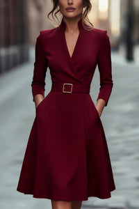 Solid Color V Neck Fitted Waist Long Sleeve Elegant Midi Dress