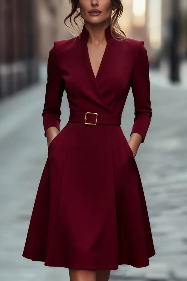 Solid Color V Neck Fitted Waist Long Sleeve Elegant Midi Dress
