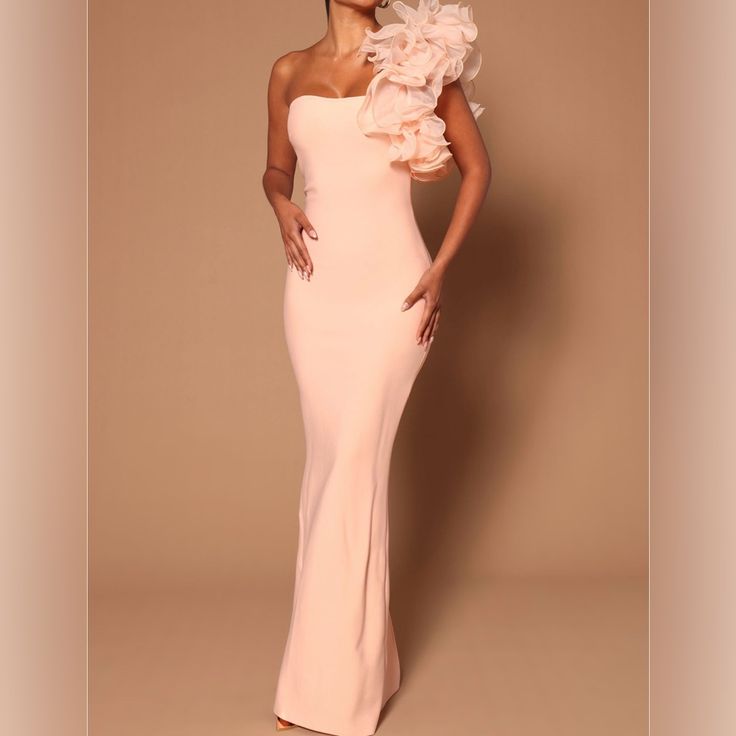 Elegant Blush Pink One Shoulder Dress Color: Cream Pink Size: S