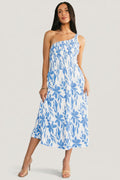 Womens Brisa One Shoulder Midi Dress White + Blue Size: Small