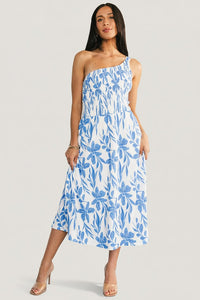 Womens Brisa One Shoulder Midi Dress White + Blue Size: Small