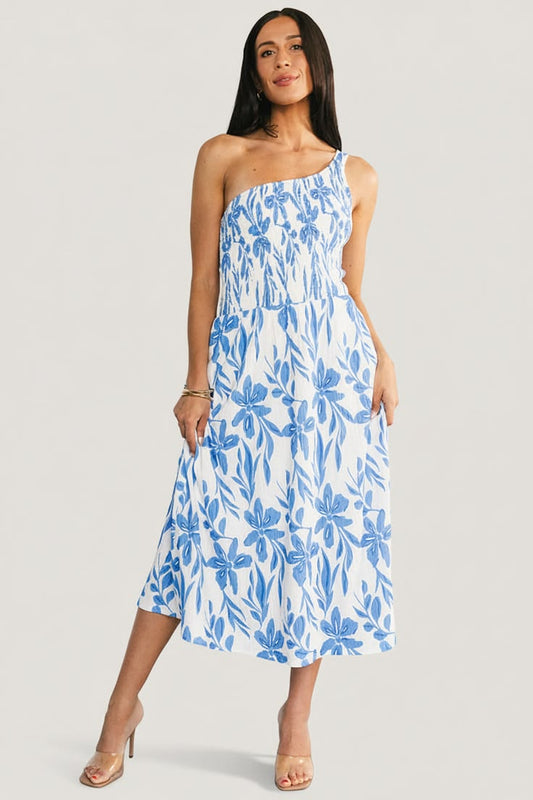 Womens Brisa One Shoulder Midi Dress White + Blue Size: Small