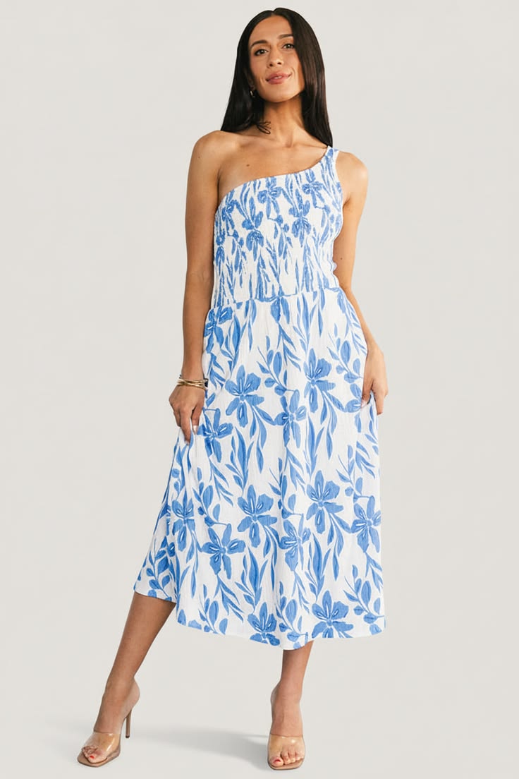 Womens Brisa One Shoulder Midi Dress White + Blue Size: Small