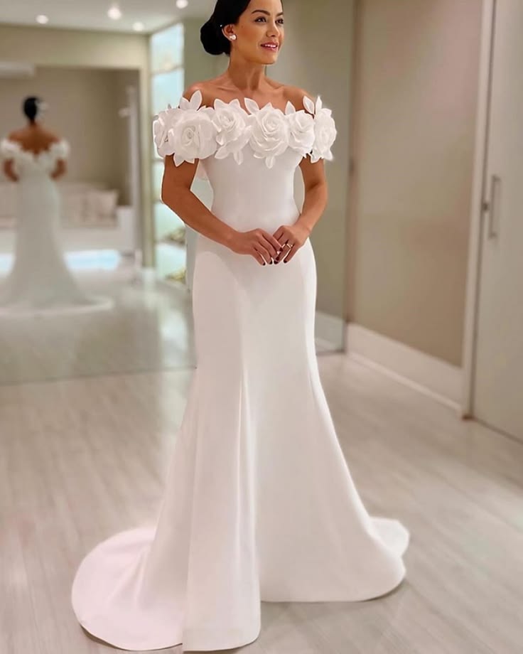 White Off The Shoulder Handmade Flowers Mermaid Bridal Dress