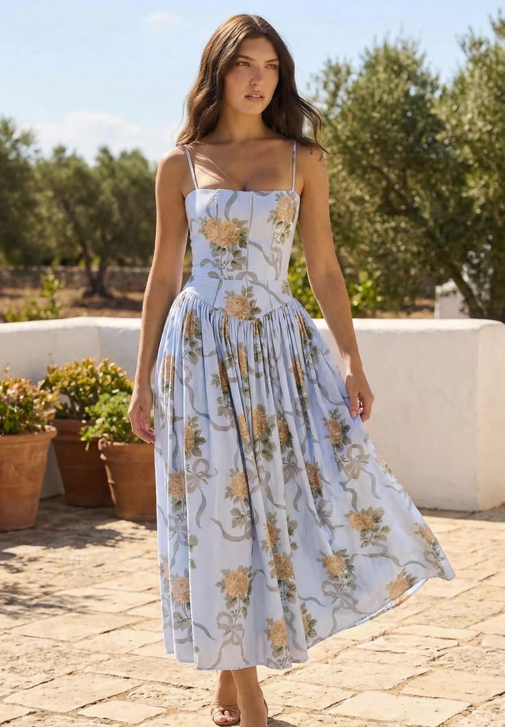 Corset Midi Sundress, Romantic Floral Outfit, European Summer Wear,