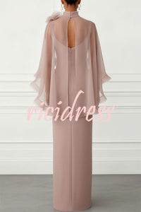 Tallisa 3D Floral Mesh Mock Neck Half Cape Sleeve Gown Maxi Dress