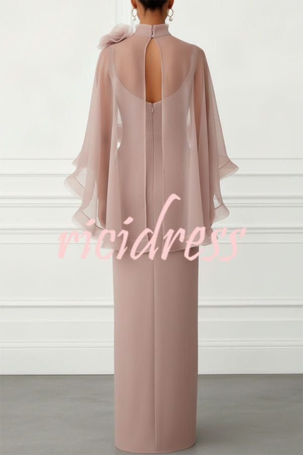 Tallisa 3D Floral Mesh Mock Neck Half Cape Sleeve Gown Maxi Dress