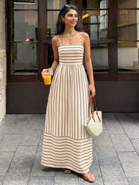 Striped Print Spaghetti Strap Maxi Dress Apricot