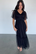 Martha Smocked Tulle Midi Dress Black