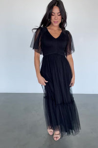 Martha Smocked Tulle Midi Dress Black