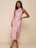 Dress Unique Impression Pink 3d Floral Embroidered Halter Midi Dress