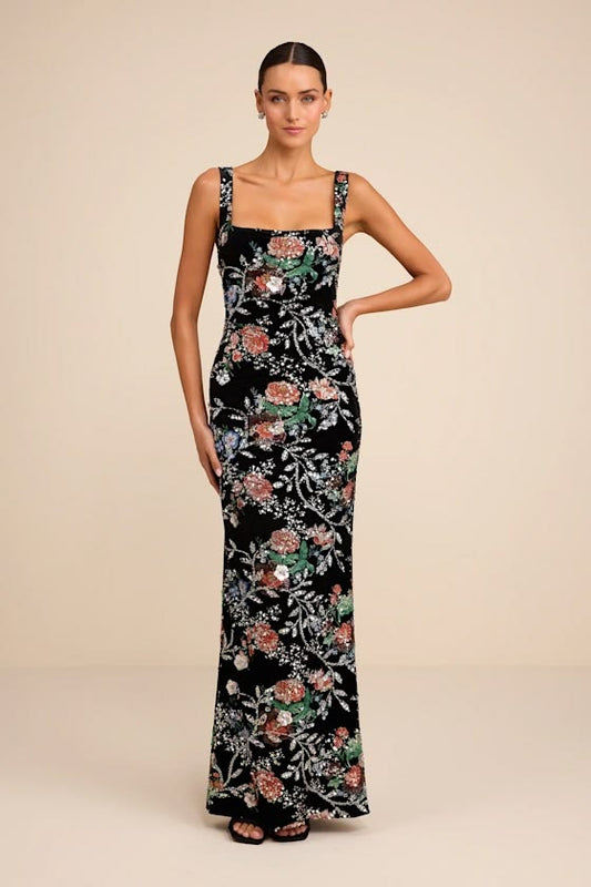 Camesha Black Multi Floral Velvet Sequin Maxi Dress