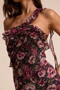 Bonelle Plum Multi Floral Metallic Clip Dot Ruffled Maxi Dress