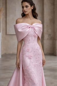 Candy Pink Satin Off The Shoulder Sleeveless Long Prom Dress With Bow