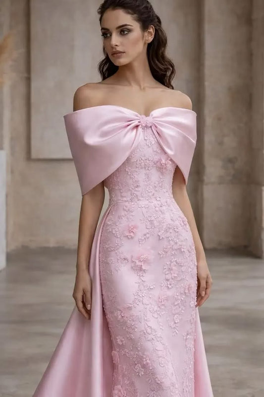 Candy Pink Satin Off The Shoulder Sleeveless Long Prom Dress With Bow
