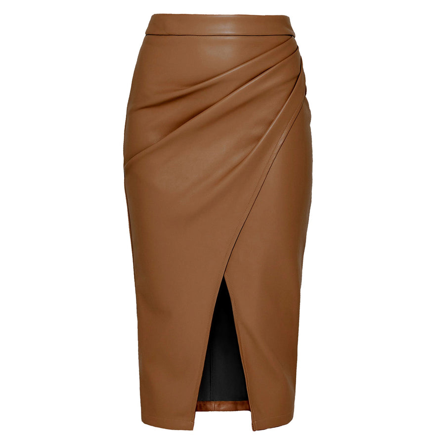 Reese Faux Leather Midi Skirt with Side Pleat