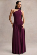 Freesia Plum Asymmetric Neck Maxi Dress With Scarf Detail