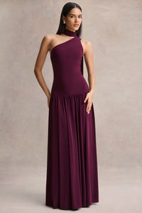 Freesia Plum Asymmetric Neck Maxi Dress With Scarf Detail