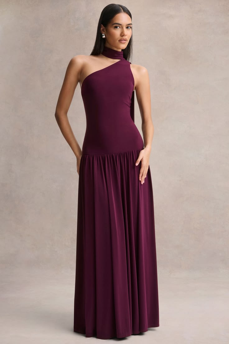 Freesia Plum Asymmetric Neck Maxi Dress With Scarf Detail