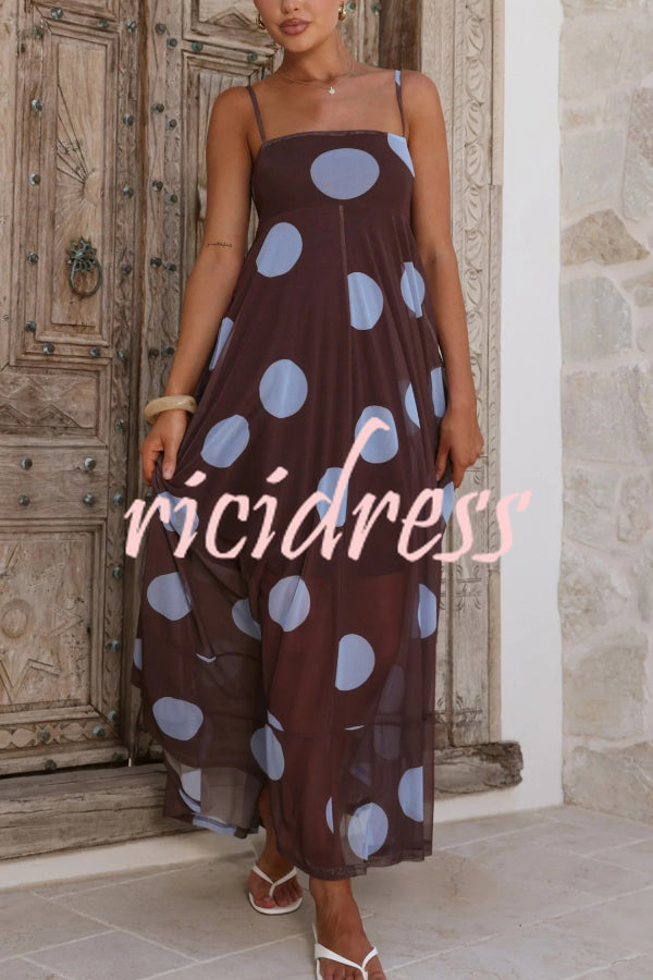 Polka Dot Print Mesh Spaghetti Strap Square Neck Vacation Maxi Dress