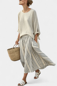 Aurelia – Comfortable Blouse and Striped Midi Skirt