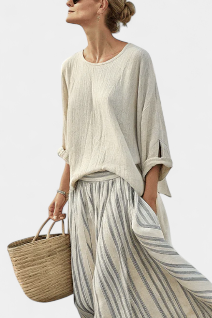 Aurelia – Comfortable Blouse and Striped Midi Skirt