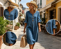Mila - Ruffle Sleeve Denim A-Line Dress with Button Detail