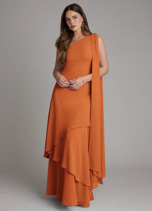 A Line One Shoulder Floor Length Chiffon Bridesmaid Dress Cinnamon