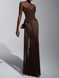 Brown Elegant Women's Glitter Knit Off-Shoulder Tassel Bodycon Dress