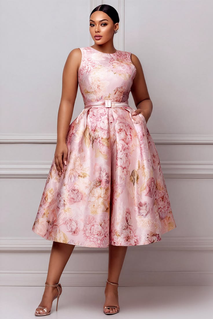 Xpluswear Design Plus Size Wedding Guest Elegant Pink Floral Round