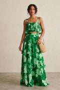 Green Floral Print Two Piece Set, Sling Top, Ruffle Maxi Skirt, Resort