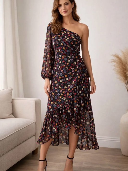Dress Calista Asymmetrical Neck Floral Print Midi Dress Size Medium