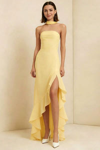 Daffodil Strapless High Low Ruffle Wedding Guest Dress With Streamer