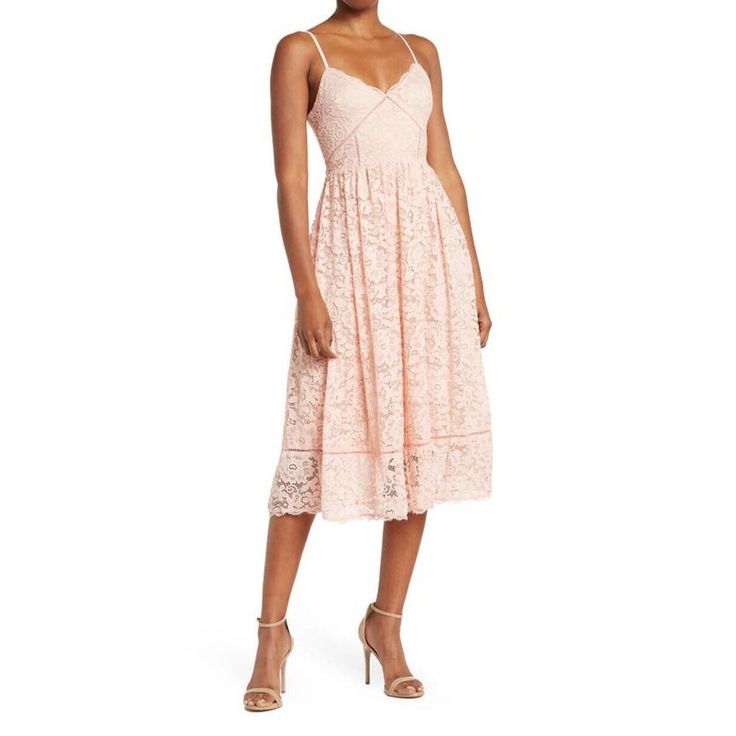 Nsr Dress Nsr Pink Crochet Stretch Lace Overlay Straps Midi Dress