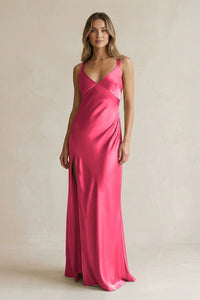 KissProm V Neck Sheath Satin Bridesmaid Dress With Slit In Fuchsia